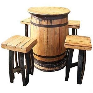 Recycled Solid Oak Whisky Barrel "Dundee" Coffee Table and Set of Four Stools 