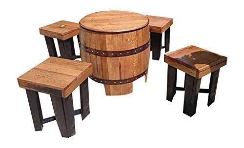 Octagonal Top Solid Oak Bar Table and 4 Stools Set from Recycled Whiskey Casks 